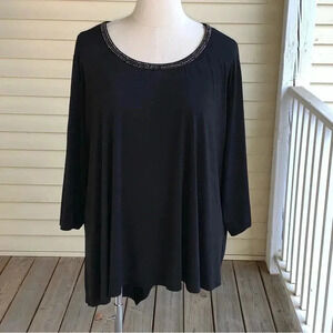 Cato Blouse Plus Size 26W 28W Black Beaded Neckline Asymmetrical Hem Top Flowy